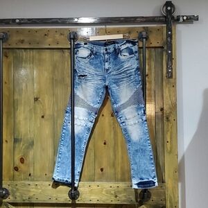 MENS MARC ECKO RUGGED DISTRESSED BLUE DENIM JEANS SIZE 34X30 RIPPED